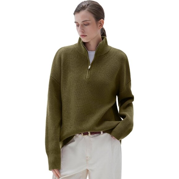 Sweaters - Women Olive Green Oversized Cashmere Collared Ribbed Long Sleeve Sweater
